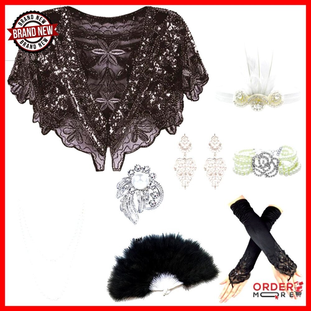 Sequin Beaded Cape Bolero Flapper Cover Up with Accessories Set